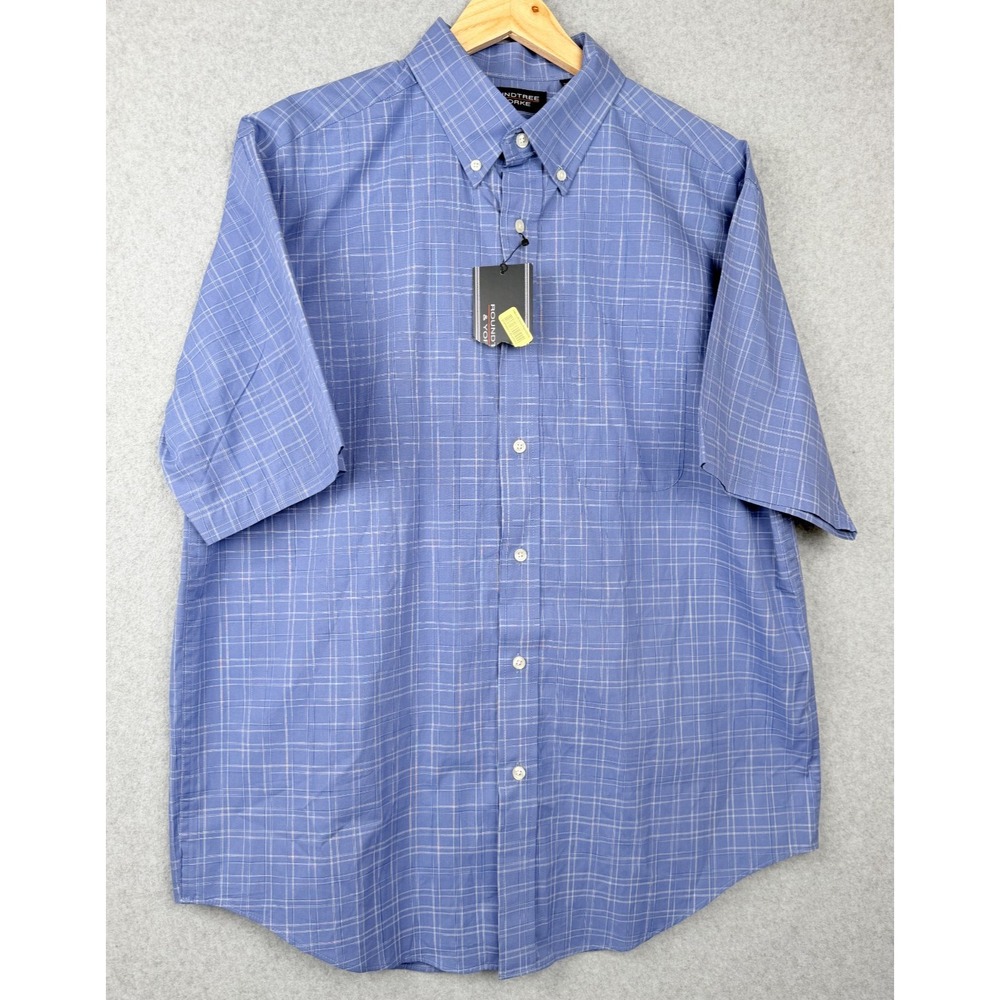 Roundtree Yorke Mens Large Blue Plaid Short Sleeve Button Down Shirt NWT
